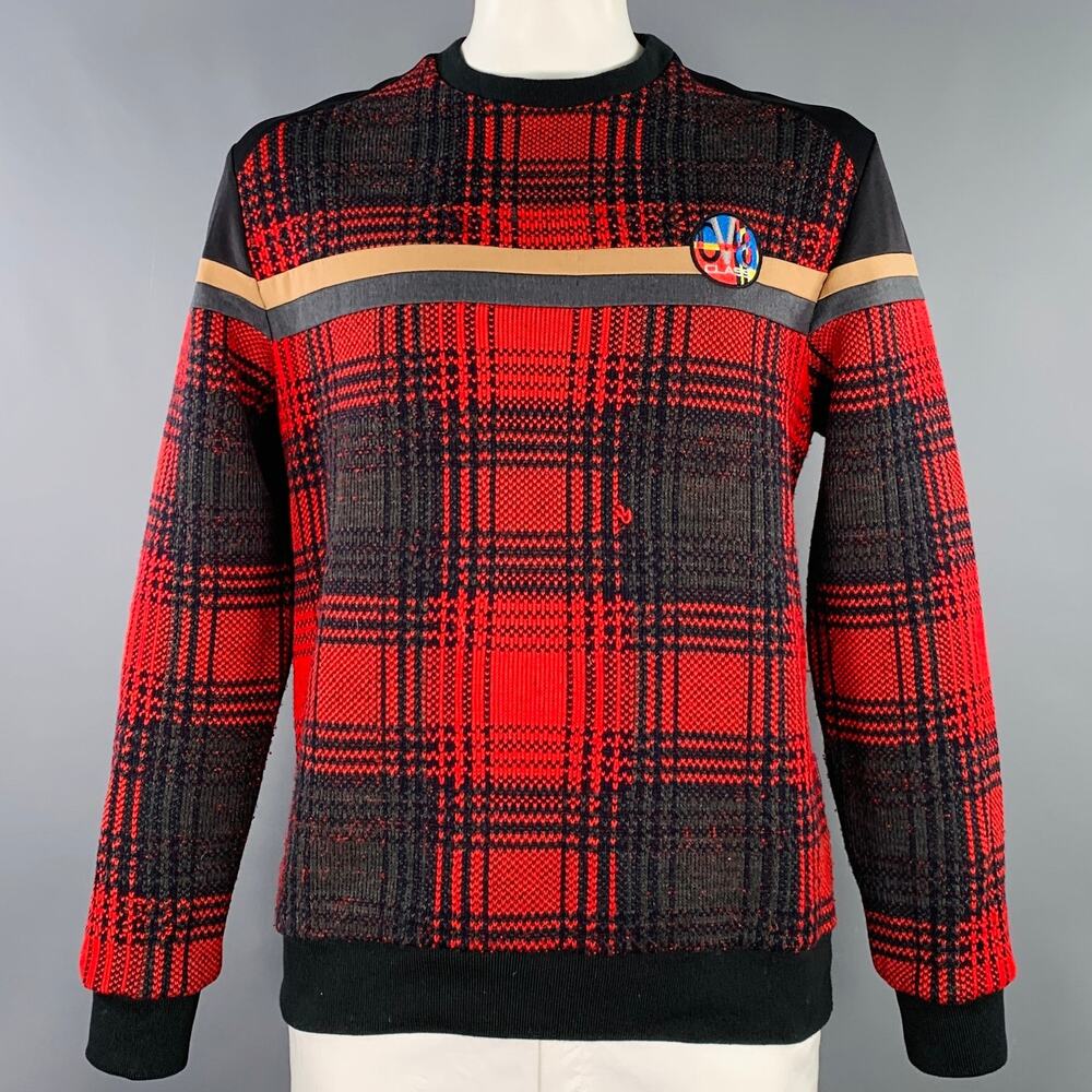 ROBERTO CAVALLI Size XL Black Red Plaid Polyester Blend Sweatshirt Pullover